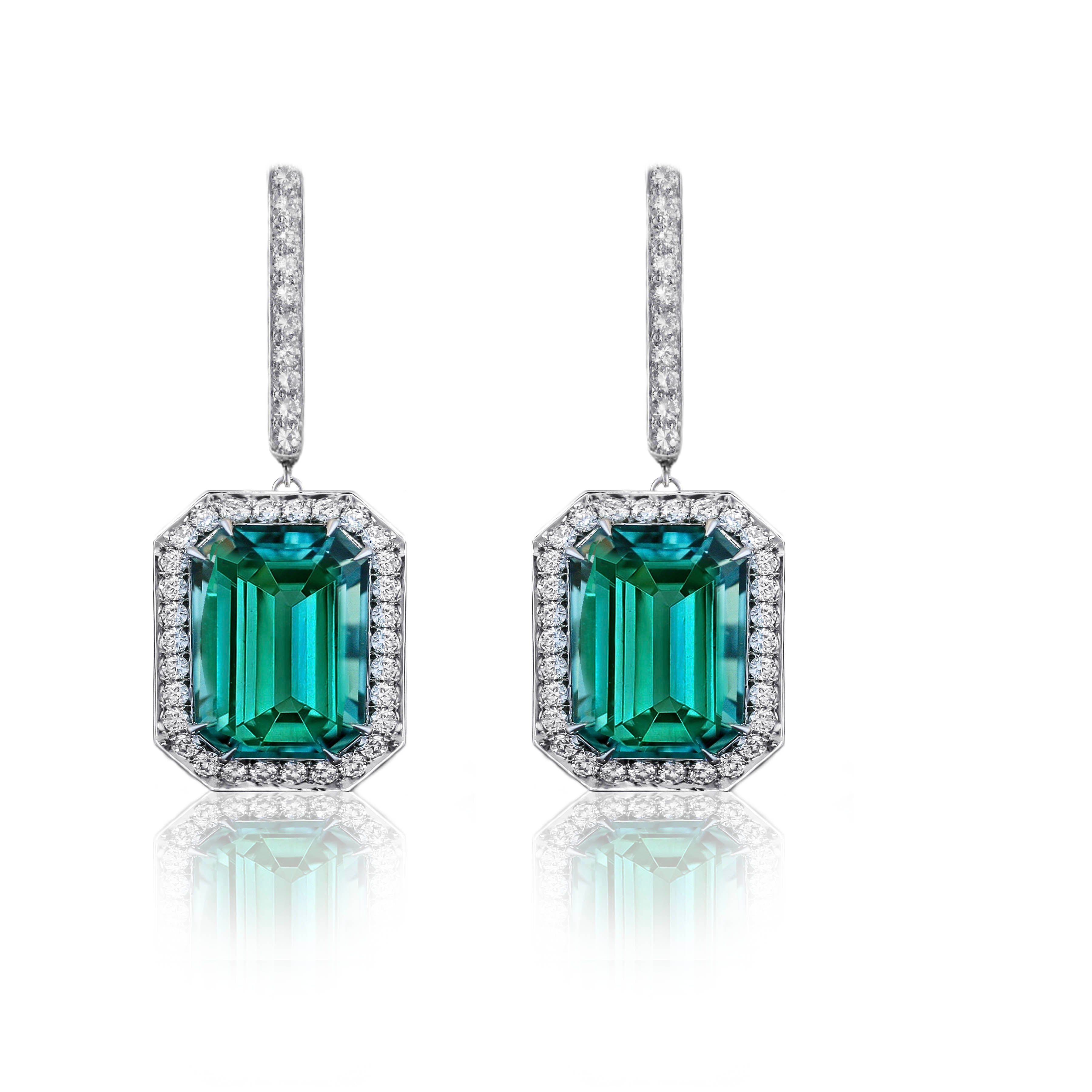 18K White Gold Lagoon Tourmaline Natural Diamonds Halo Dangle Earrings