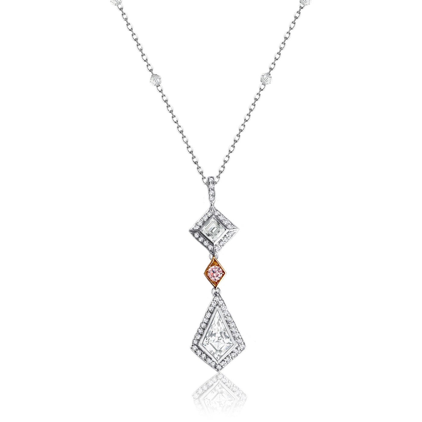 Platinum & 18k Rose Gold Colorless & Fancy Pink  Natural Diamonds Noble Cut Dangling Pendant Necklace