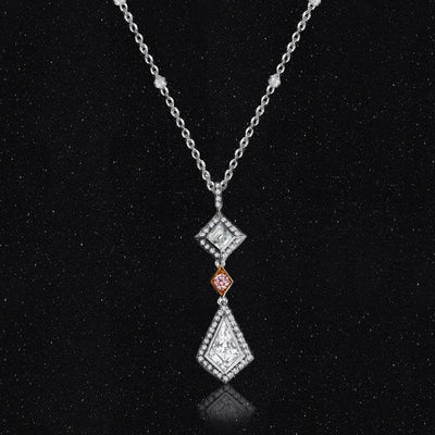 Platinum & 18k Rose Gold Colorless & Fancy Pink  Natural Diamonds Noble Cut Dangling Pendant Necklace