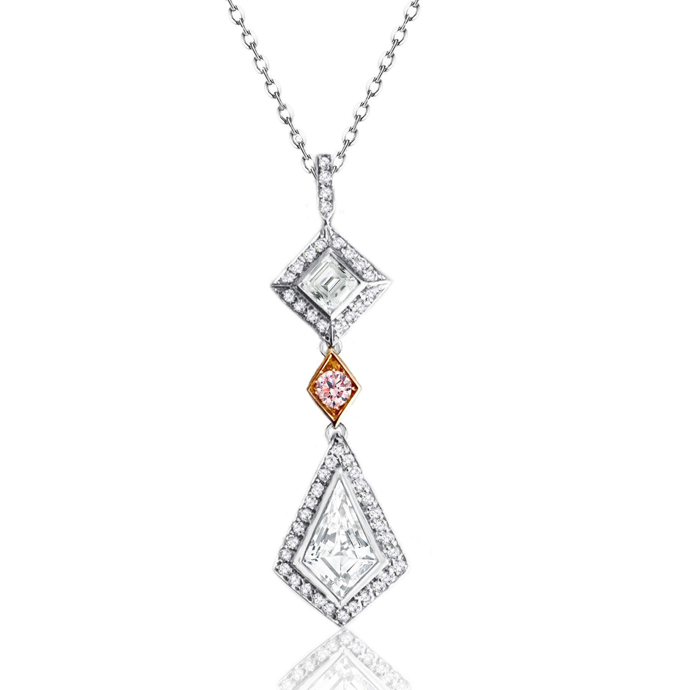 Platinum & 18k Rose Gold Colorless & Fancy Pink  Natural Diamonds Noble Cut Dangling Pendant Necklace