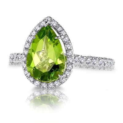 Platinum Green Peridot Diamonds Halo Ring