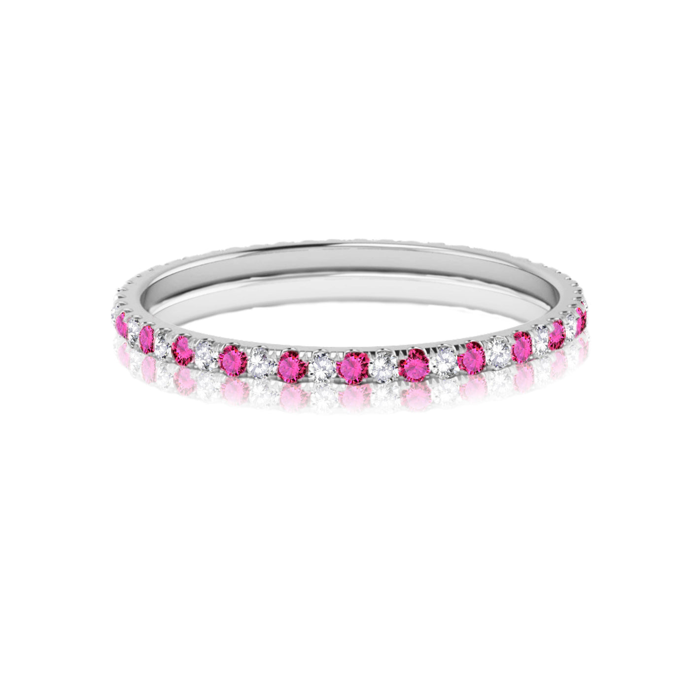 18K White Gold Natural Diamond & Pink Sapphire Eternity wedding Band Ring