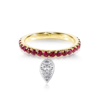 18k White & Rose Gold Natural Ruby Dangle Drop / Pear Shape Diamond Charm Ring