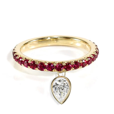 18k White & Rose Gold Natural Ruby Dangle Drop / Pear Shape Diamond Charm Ring