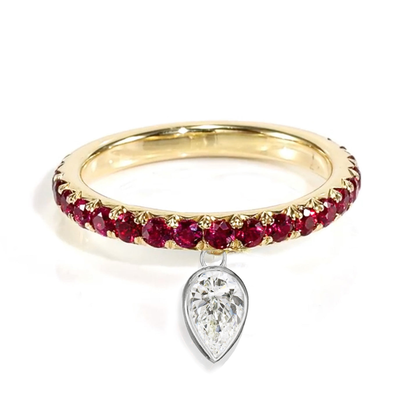 18k White & Rose Gold Natural Ruby Dangle Drop / Pear Shape Diamond Charm Ring