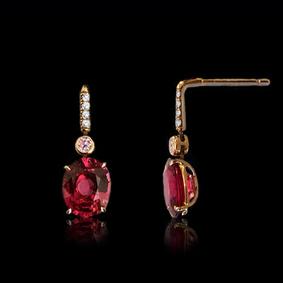 18k Rose Gold Natural Red Spinel,  Fancy Pink  & Colorless  Diamonds Dangle Earrings