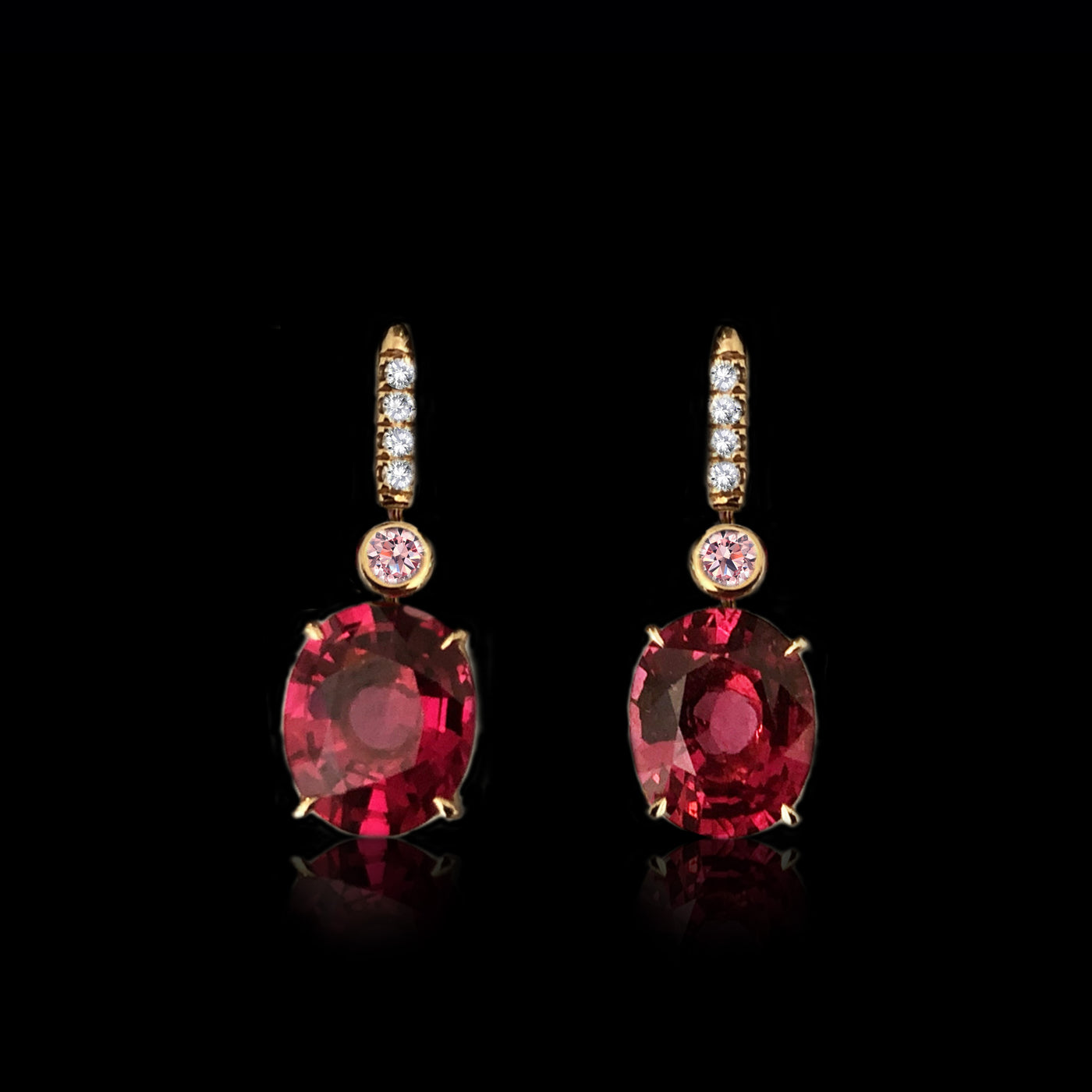 18k Rose Gold Natural Red Spinel,  Fancy Pink  & Colorless  Diamonds Dangle Earrings