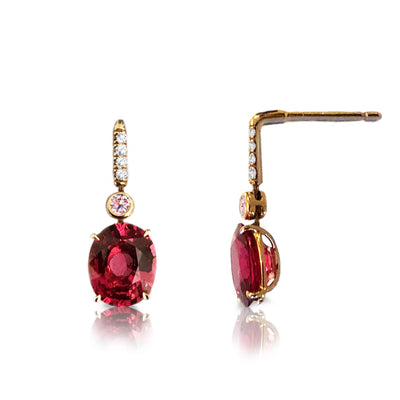 18k Rose Gold Natural Red Spinel,  Fancy Pink  & Colorless  Diamonds Dangle Earrings