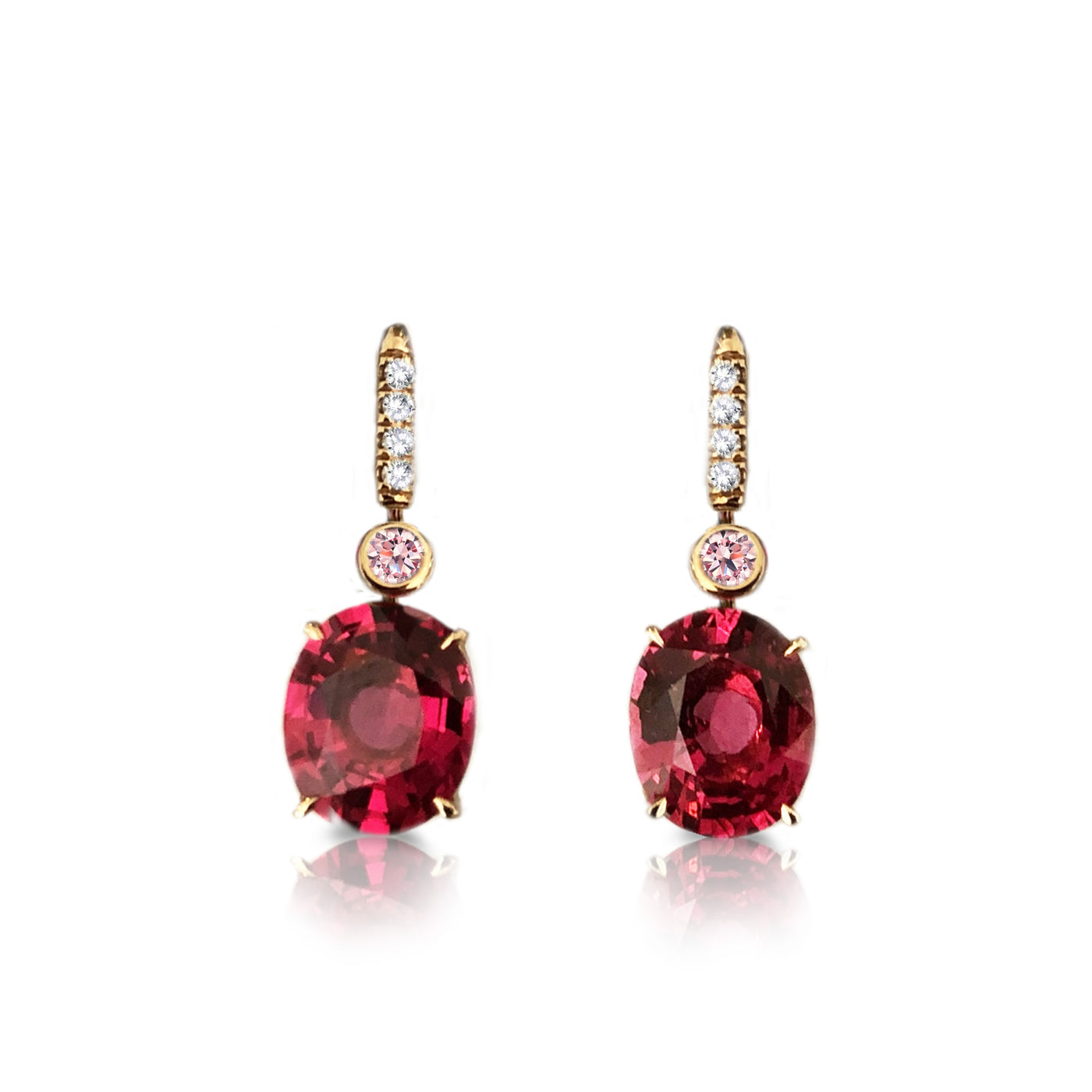 18k Rose Gold Natural Red Spinel,  Fancy Pink  & Colorless  Diamonds Dangle Earrings