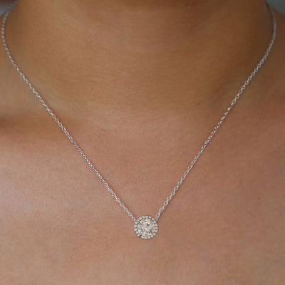 18k White Gold Round Brilliant Natural Diamond Halo Pendant Bridal Necklace