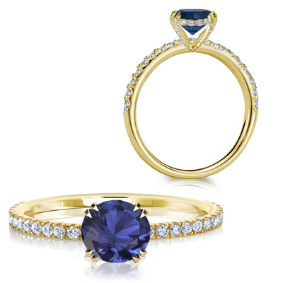 Platinum or 18K White, Rose or Yellow Gold Round Brilliant Natural Blue Sapphire Solitaire with Accents Engagement RingRing