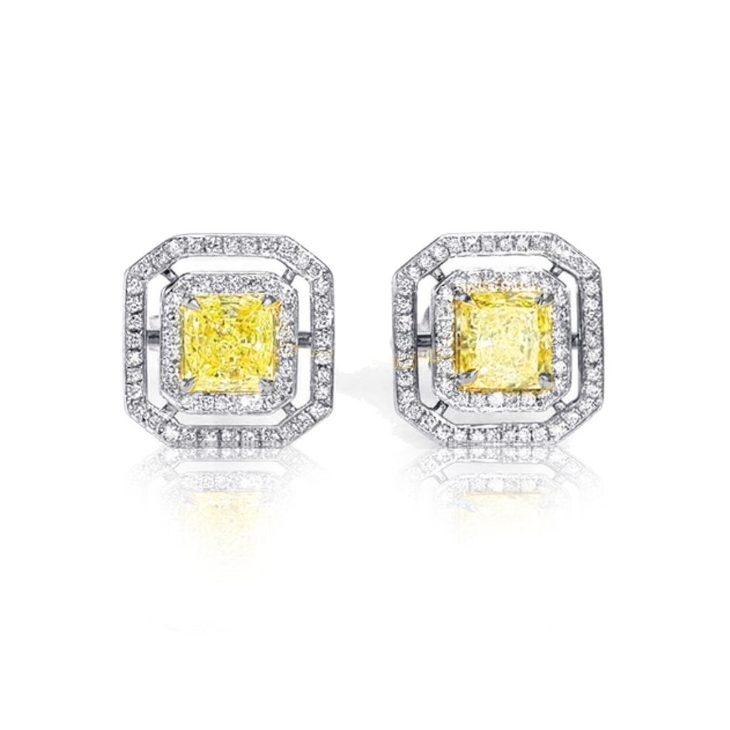 18K White & Yellow Gold  Fancy Yellow Diamond Double Halo Stud Earrings