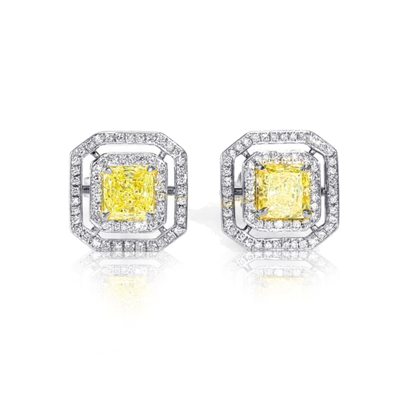 18K White & Yellow Gold  Fancy Yellow Diamond Double Halo Stud Earrings