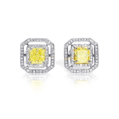 18K White & Yellow Gold  Fancy Yellow Diamond Double Halo Stud Earrings