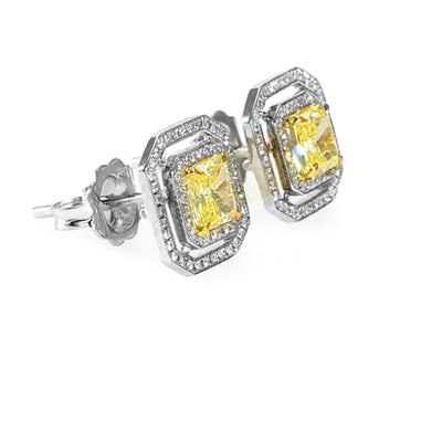 18K White & Yellow Gold  Fancy Yellow Diamond Double Halo Stud Earrings