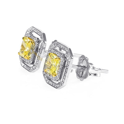 18K White & Yellow Gold  Fancy Yellow Diamond Double Halo Stud Earrings