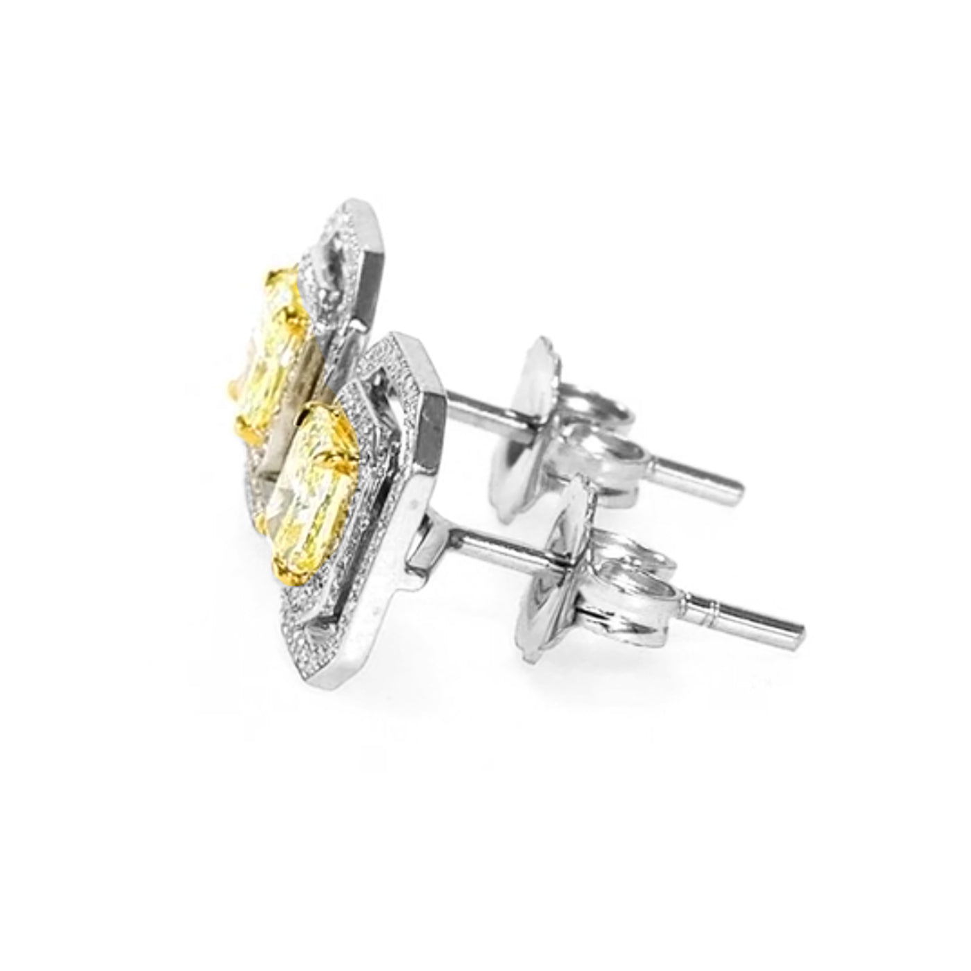 18K White & Yellow Gold  Fancy Yellow Diamond Double Halo Stud Earrings