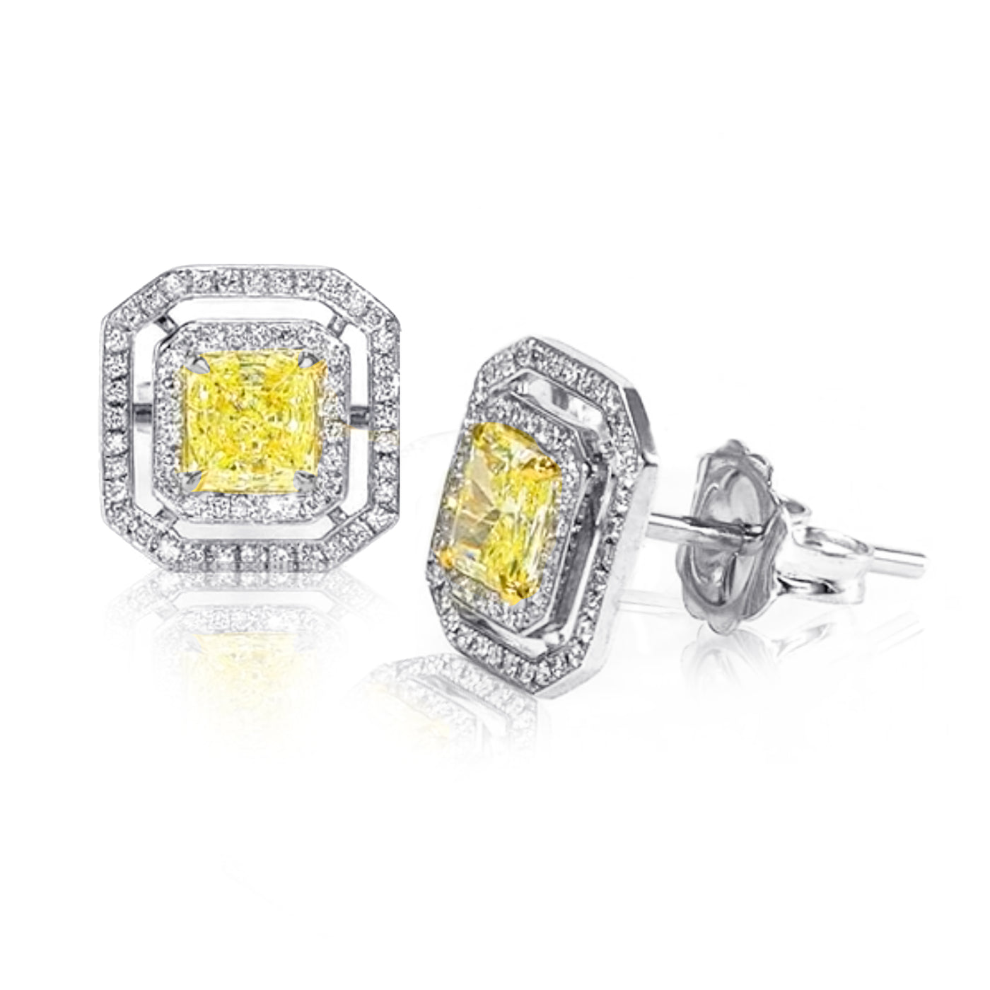 18K White & Yellow Gold  Fancy Yellow Diamond Double Halo Stud Earrings