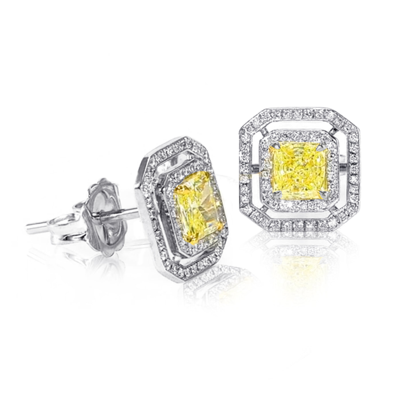 18K White & Yellow Gold  Fancy Yellow Diamond Double Halo Stud Earrings