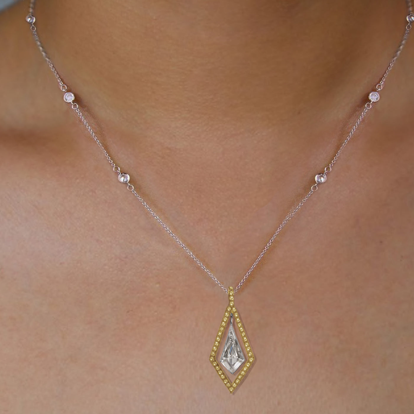 Platinum & 18K Yellow Gold Natural Noble Cut & Fancy Yellow Diamond Dangling  Pendant Necklace